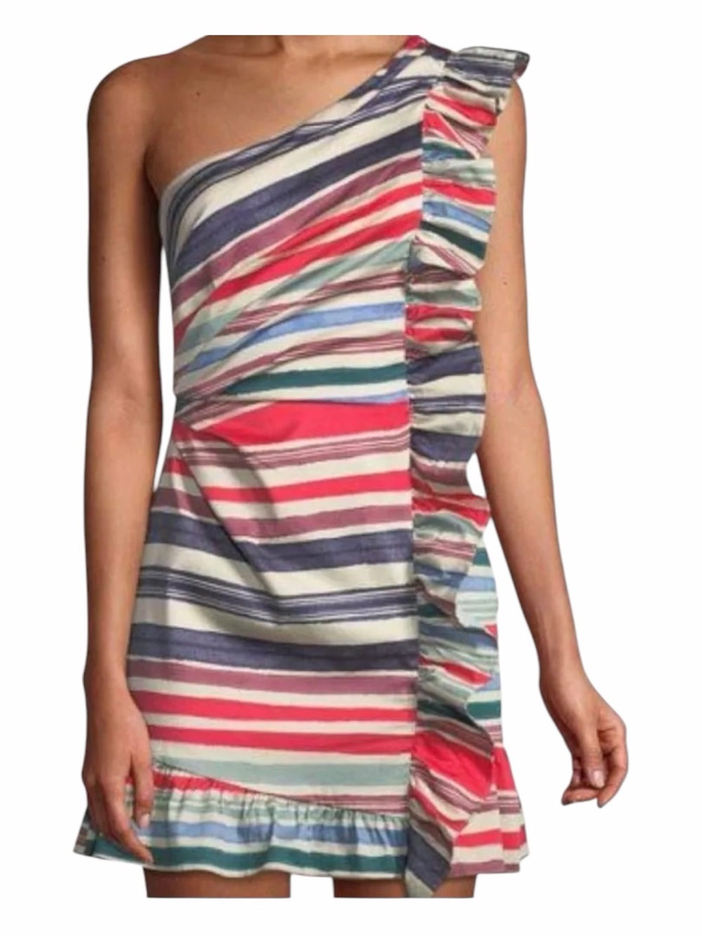NWT! Red Carter Cotton-Blend Ruffled Striped One Shoulder Mini Dress Size Medium